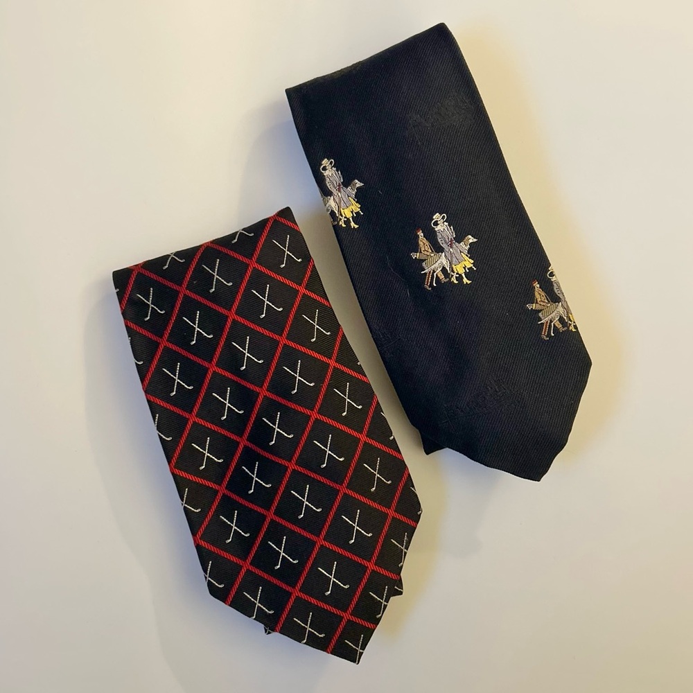 Set of 2 Polo Ralph Lauren Silk Ties Made in USA Golf Motif Navy Blue Red